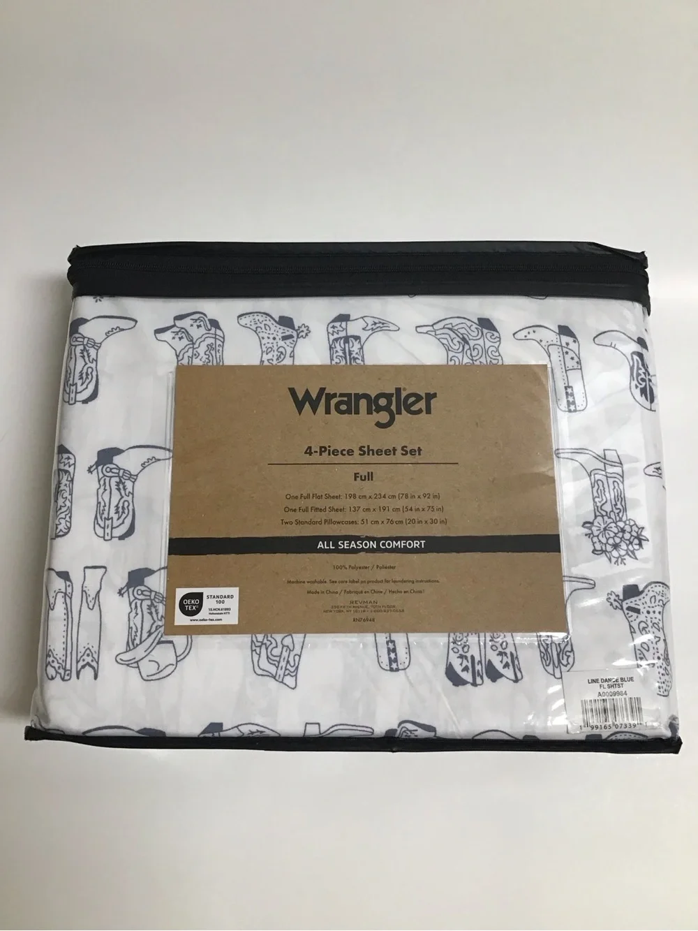 Wrangler FULL SHEET SET 4-pc Cowboy Hats Boots Western Ranch Line Dance Blue NEW